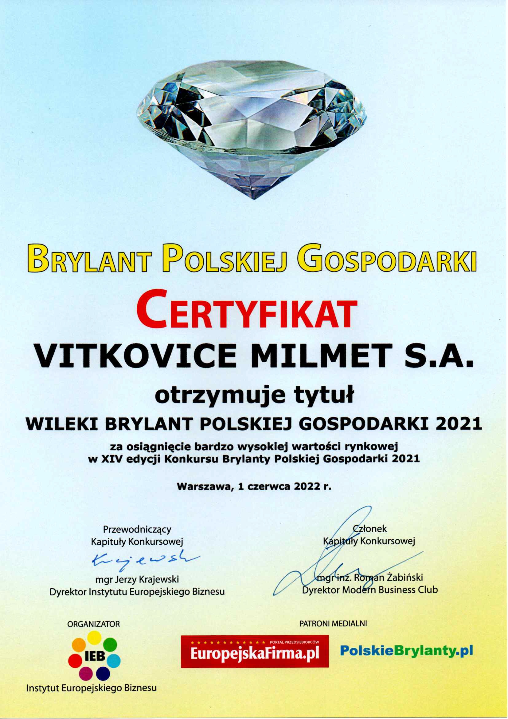 Great Diamond of the Polish Economy for VITKOVICE MILMET S.A.